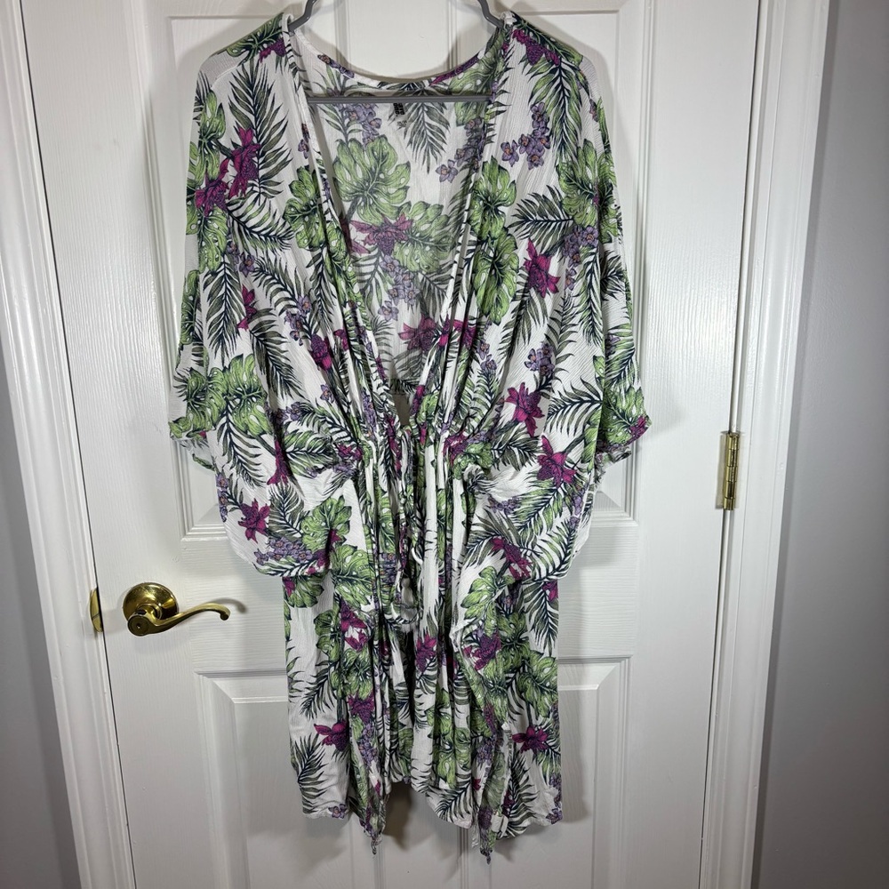 Wave Zone Swim Coverup Women’s Plus Size 2X 3X White Tropical Floral Tie Waist